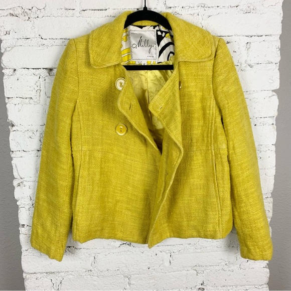 Milly New York Yellow Triple Button Double Breasted Twee Tweed Coat Blazer 6 - Picture 2 of 13